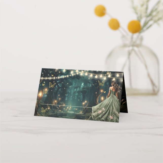 Cartão De Mesa Floresta Encantada Vestido Verde Quinceañera (Frente)