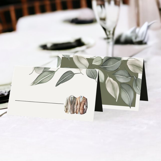 Cartão De Mesa Folhagem Verde Mudada Casamento de Dois Alcance (Muted Green Foliage Two Grooms Wedding Place Cards from Ricaso)