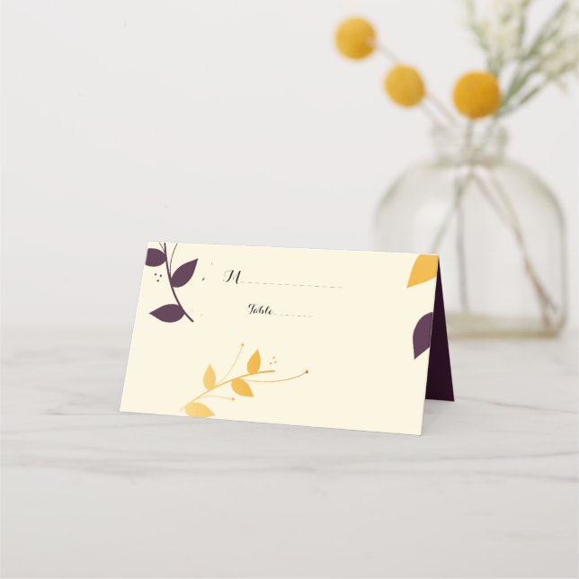 Cartão De Mesa Folhas de Ouro Roxo Elegante (Frente)