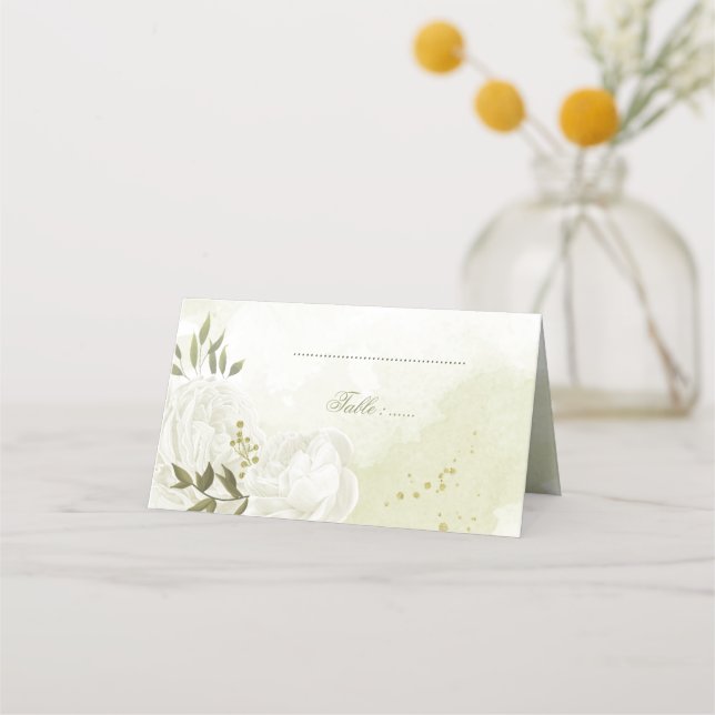 Cartão De Mesa Folhas verdes de flores brancas bonito (Frente)