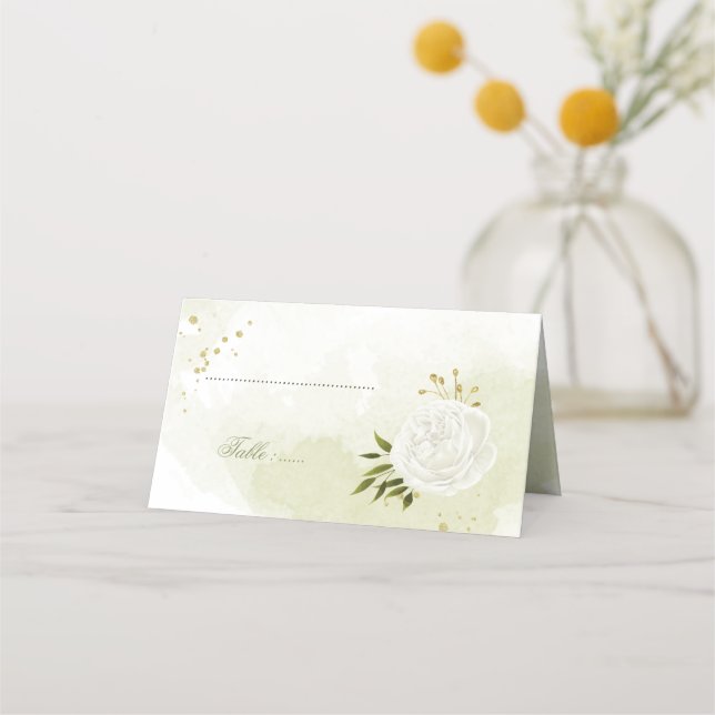 Cartão De Mesa Folhas verdes de flores brancas bonito (Frente)