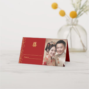 Cartão De Mesa Foto de casamento chinês floral vermelho duplo xi