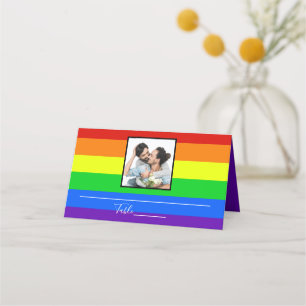 Cartão De Mesa Foto de Casamento do Casal Orgulho gay Striped Rai