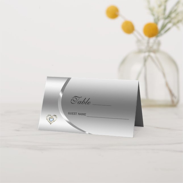 Cartão De Mesa Fundo de Prata Metálico com Coração de Diamantes (Frente)