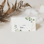 Cartão De Mesa Geometric Gold Tropical Green Wedding Place Card<br><div class="desc">This geometric gold tropical green wedding place card is perfect for a modern wedding. The design features hand-painted beautiful green leaves,  adorning a gold geometric frame.

Personalize the back of the place card with the names of the bride and groom and the date.</div>