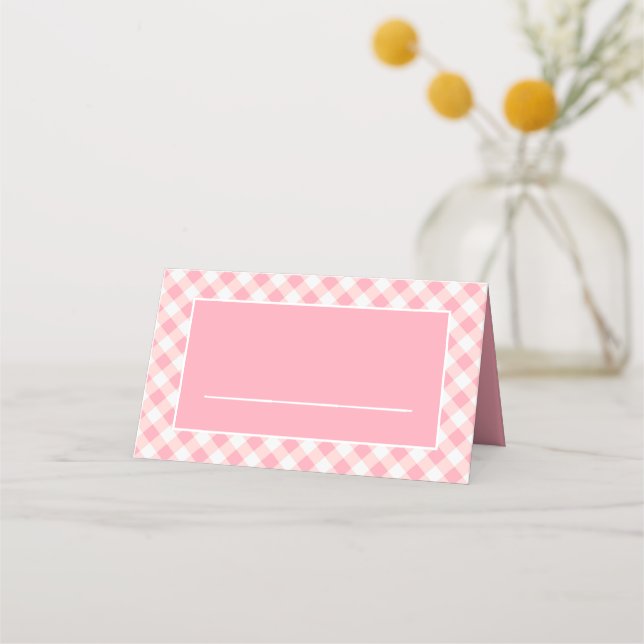 Cartão De Mesa Gingham Xadrez Branco Rosa Clássico (Frente)