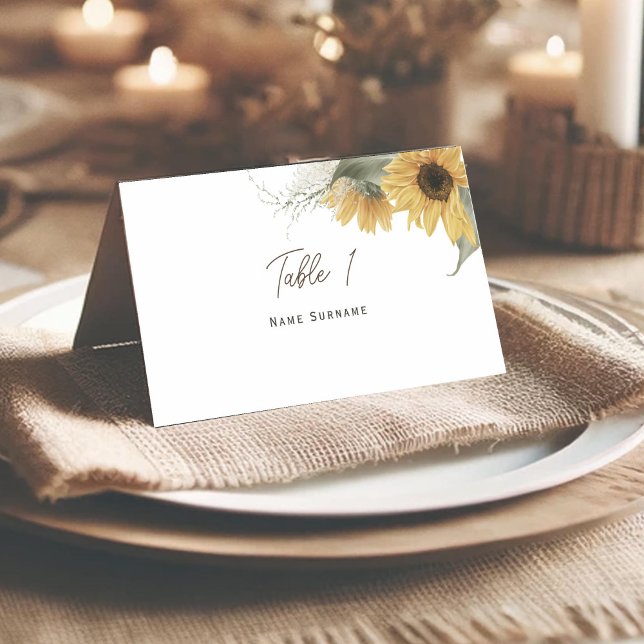Cartão De Mesa Girassol Russo Elegante, Casamento outono (Rustic themed, Sunflower tented place card.)