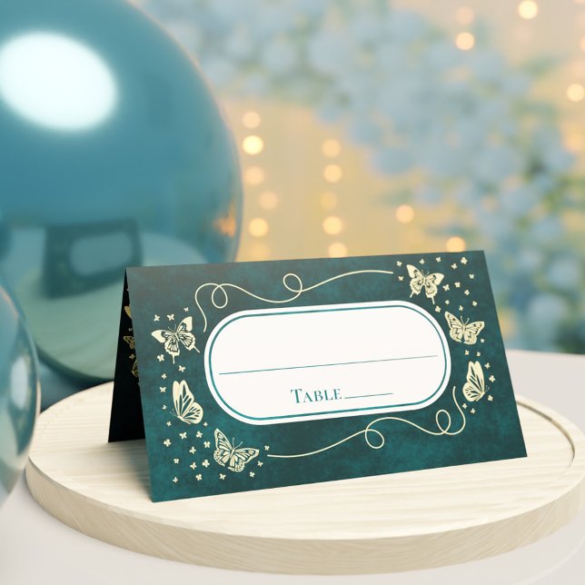 Cartão De Mesa Girly Emerald Green - Borboletas Douradas de 15 an (Girly Emerald Green Gold 15 Years Old Butterflies Place Card)