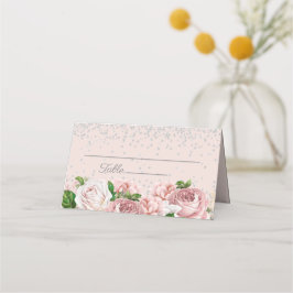 Cartão De Mesa Glitter de Prata Floral Rosa Elegante
