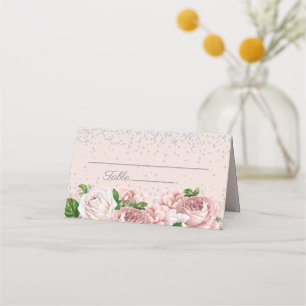 Cartão De Mesa Glitter de Prata Floral Rosa Elegante