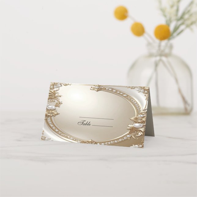 Cartão De Mesa Golden Ornate Frame with Pearls Place Card (Frente)