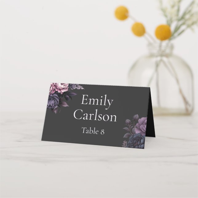 Cartão De Mesa Gothic Black Floral Wedding Place Cards (Frente)