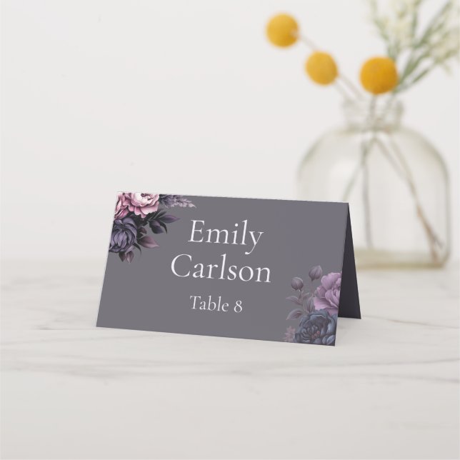 Cartão De Mesa Gothic Plum Floral Wedding Place Card (Frente)