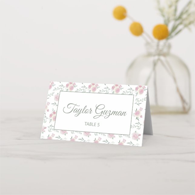 Cartão De Mesa Green Text Floral Pattern Folded Place Card (Frente)