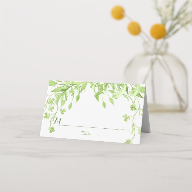 Cartão De Mesa Greenery Clover Watercolor Casamento Floral (Frente)