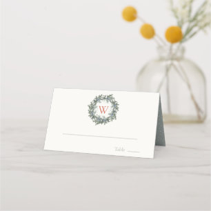 Cartão De Mesa Greenery Wreath Monograma Feriado de Natal