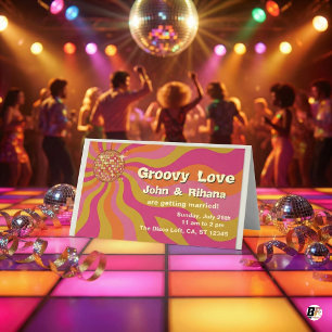 Cartão De Mesa Groovy Love Anos 70 Casamento Retro Bola de Discot