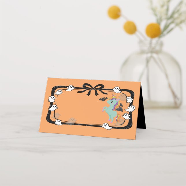 Cartão De Mesa Halloween Unicorn Greeting Bat Orange Place Card (Frente)