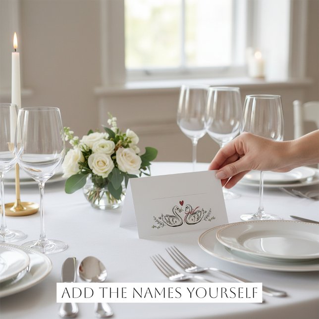 Cartão De Mesa Hand-Drawn Swans Heart Rustic Marriage Place Cards (Criador carregado)