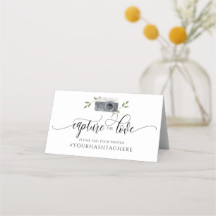 Cartão De Mesa Hashtag de casamento - Câmera de Aquarela Caligráf