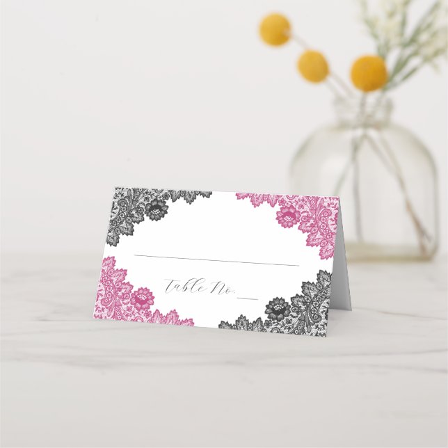 Cartão De Mesa Hot Pink and Black Floral Lace Wedding (Frente)