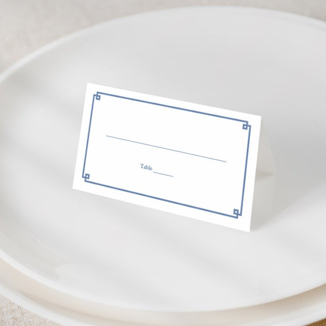 Cartão De Mesa Impressão De Chinoiserie Elegante De Casamento Azu (Elegant blue and white greek key border place card with classic chinoiserie print reverse)
