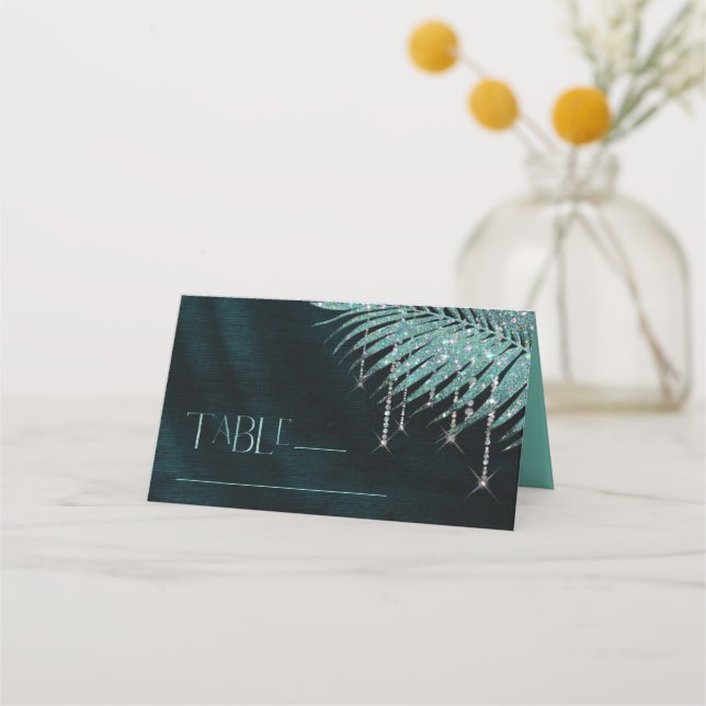 Cartão De Mesa Jewel Palm Leaf Wedding Teal ID830 (Frente)