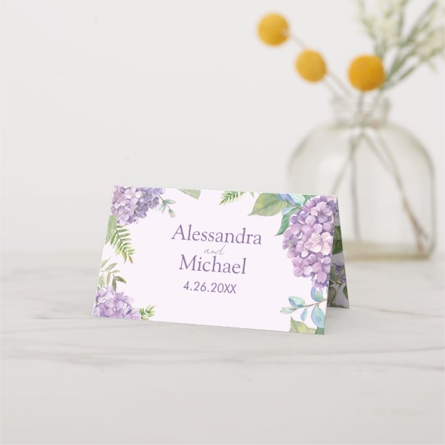 Cartão De Mesa Lavanda de Aquarelas Hydrangea Flores Fern Weding (Frente)