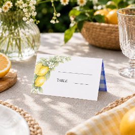 Cartão De Mesa Limões citrus azul xadrez festa no jardim