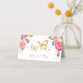 Cartão De Mesa Linda Borboleta Dourada Floral Aquarela Rosa