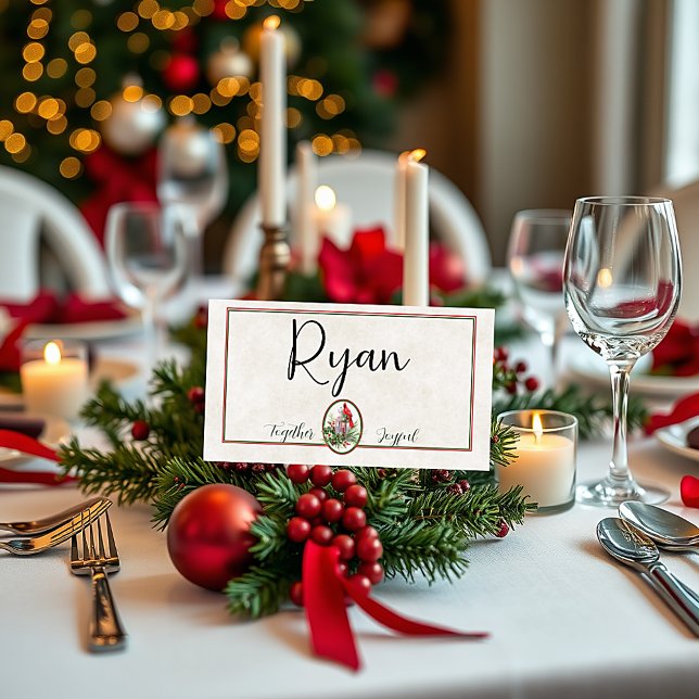 Cartão De Mesa Linda lanterna com o Natal Holly e Cardeal (Criador carregado)