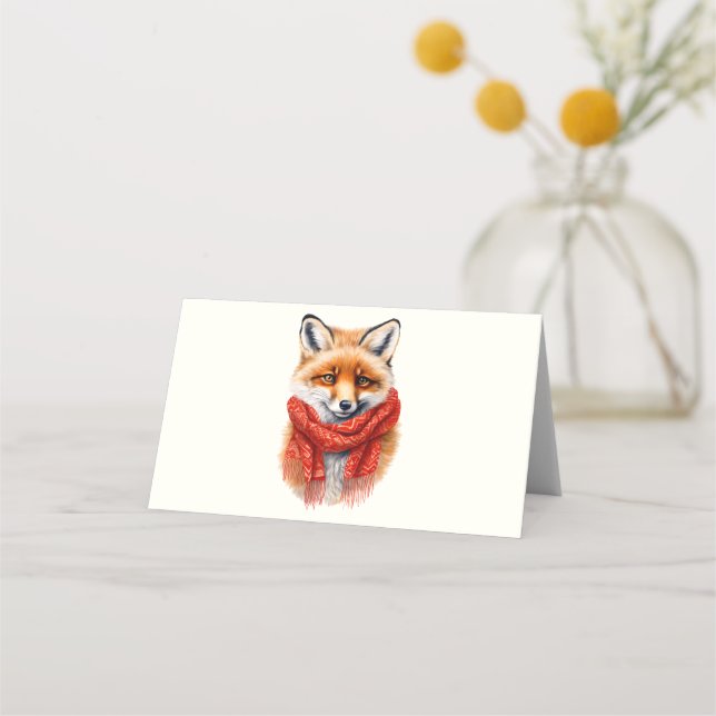 Cartão De Mesa Linda Raposa com um Cachecol Vermelho Imagem de Ou (Frente)