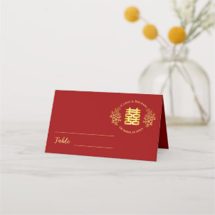 Cartão De Mesa Logotipo floral chinês dupla felicidade vermelha