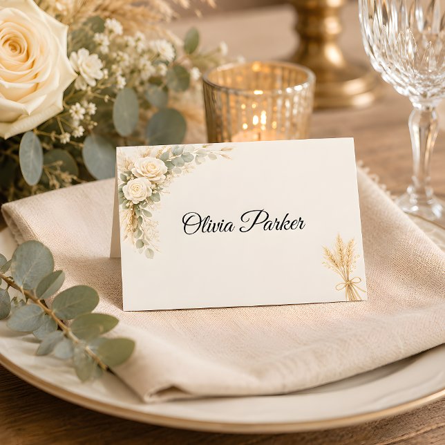 Cartão De Mesa Luxo Rústico Floral Com Rosas Marfim (Part of the luxury rustic wedding collection, place card)
