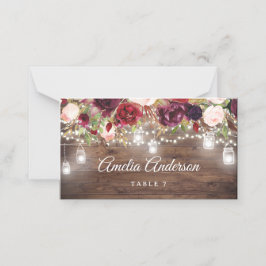 Cartão De Mesa Luzes de Corda Florais Burgundy Rústicas Casamento