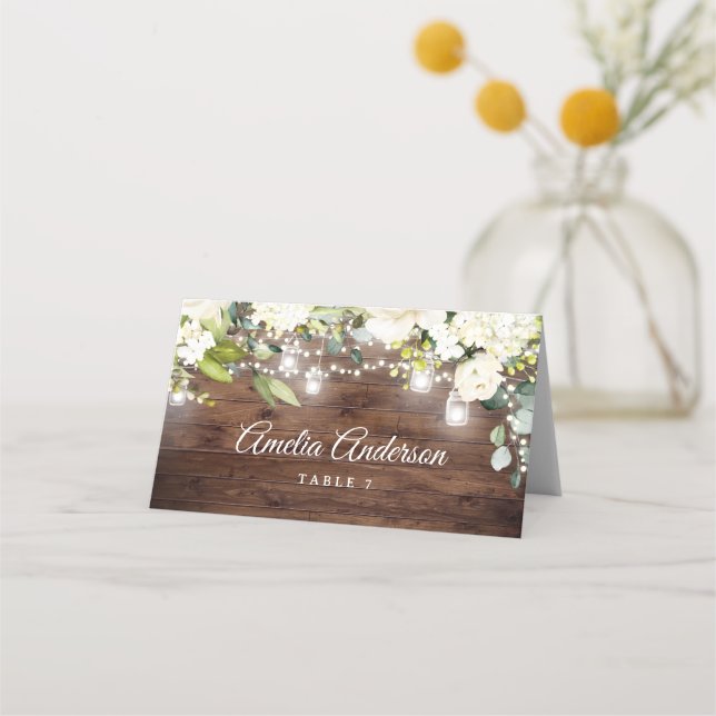 Cartão De Mesa Luzes de Corda Florais Rústicas Casamento (Frente)
