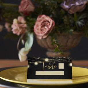 Cartão De Mesa Luzes de Cordas de Script Elegante Preto Dourado