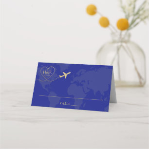 Cartão De Mesa Mapa Azul do Logotipo de Casamento do Tema viagem