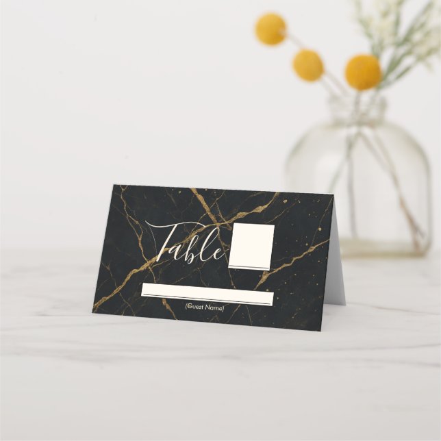 Cartão De Mesa Marble Black e Dourado Casamento da meia-noite Gil (Frente)