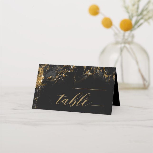 Cartão De Mesa Marble Glitter Wedding Mesa Negra Dourada ID644 (Frente)