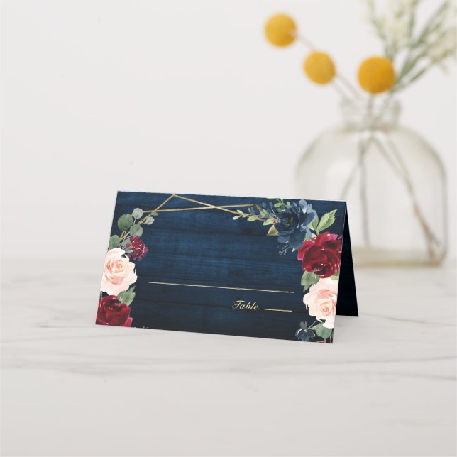 Cartão De Mesa Marinho Azul Blush Borgonha Dourada Casamento Geom (Verso)