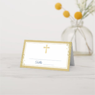 Cartão De Mesa Marinho Azul Dourado Cruz - Primeira Comunhão Sant