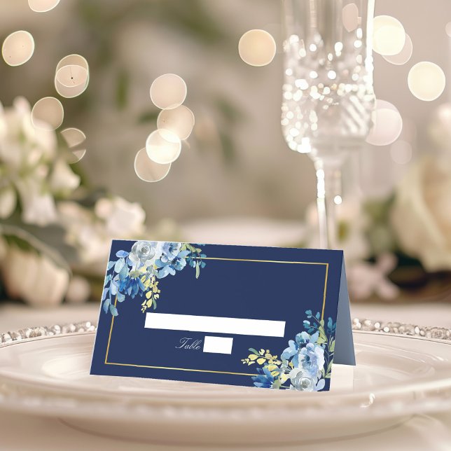 Cartão De Mesa Marinho Azul Dourado Floral Elegante Noite Casado (Criador carregado)