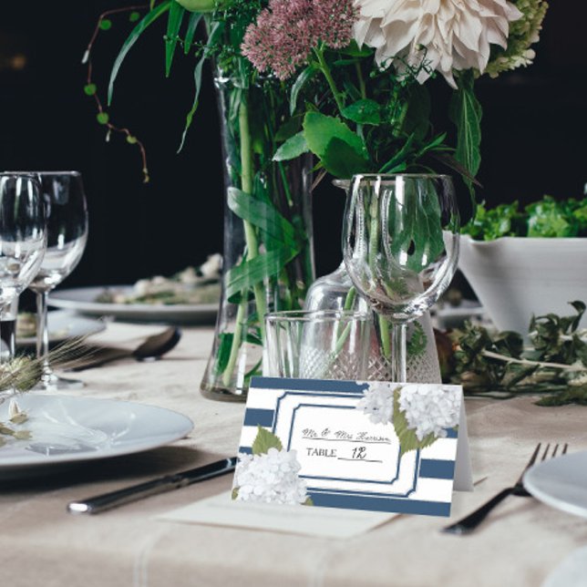 Cartão De Mesa Marinho Azul e Branco Hydrangea Arte Floral (Criador carregado)