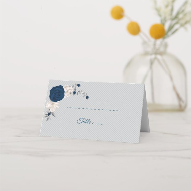 Cartão De Mesa marinho azul e flores brancas folhas prateadas cin (Frente)