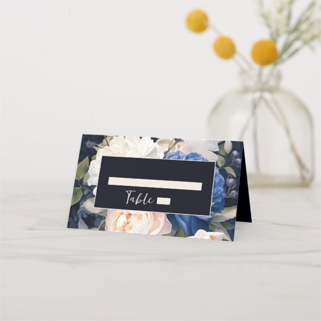 Cartão De Mesa Marinho Azul e Pincel Pintado Casamento Floral Ros (Frente)