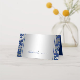Cartão De Mesa Marinho Blue e Silver Damask Swirls Casamento Dobr