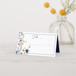 Cartão De Mesa Marinho de Âncora Náutica de Casamento Floral Azul