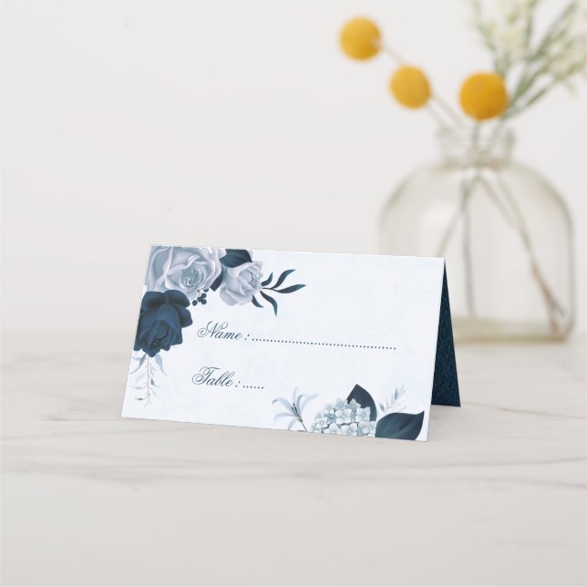 Cartão De Mesa Marinho romântico e flores azuis poeirentas (Frente)