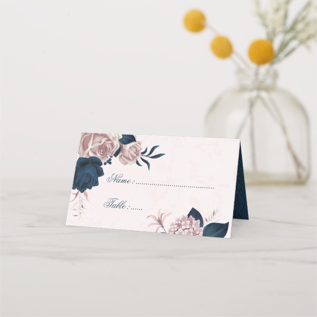 Cartão De Mesa Marinho romântico e flores rosa poeirentas (Frente)